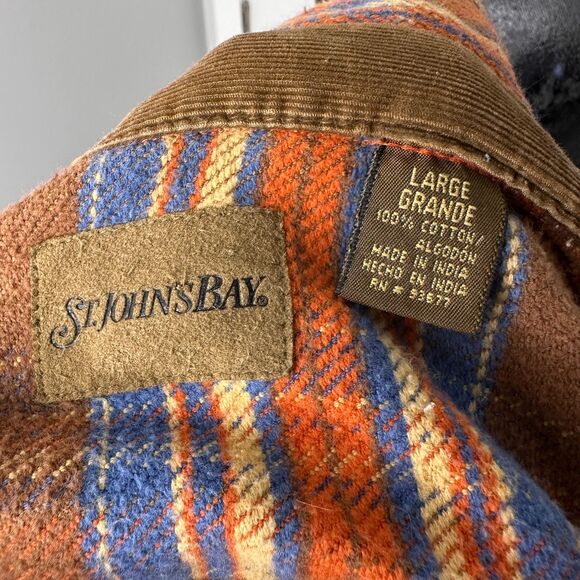St. John’s Bay Men’s Flannel Shirt Large Brown Orange Blue Plaid 100% Cotton - Picture 6 of 6